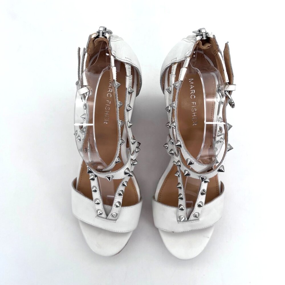 Marc Fisher White Leather Studded Cork Wedge Platform Sandals Heels Size 8M - Picture 13 of 15